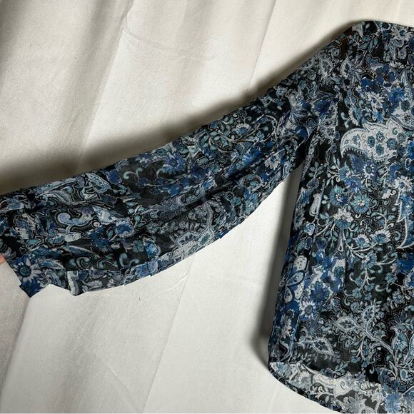 NWT The Kooples 100% Silk Blue Paisley Print V Neck Button Front Blouse Size 2 - Picture 3 of 8